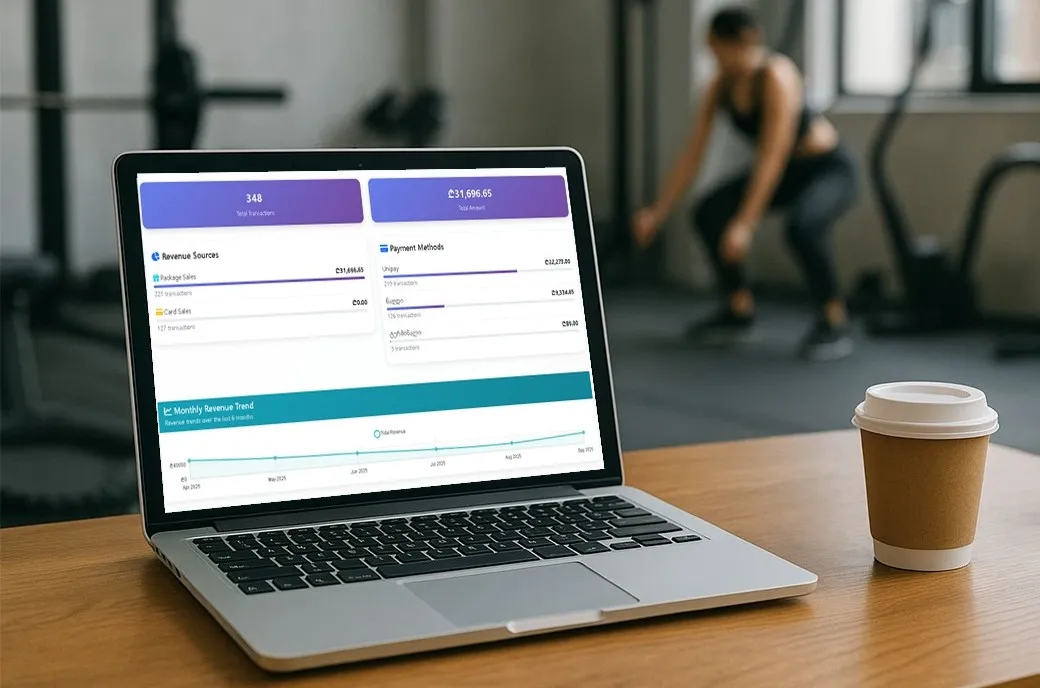 SmartGym software dashboard on laptop
